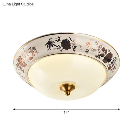 Retro Frosted Glass Led Ceiling Fixture - Hemisphere Hall White Flush Mount Light 12’/14’/18’ Width