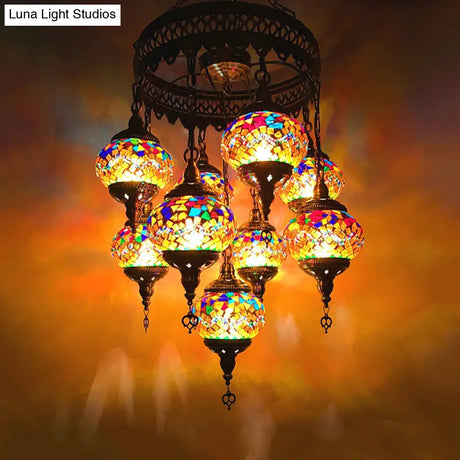 Retro Glass Sphere Chandelier - Vibrant Red/Pink/Orange With 9 Hanging Lamp Heads For Restaurants