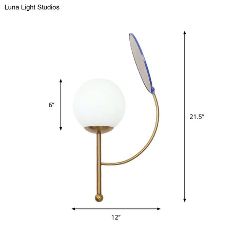 Retro Gold/Black Wall Sconce - 1 Light Matte White Glass Fixture With Reflector