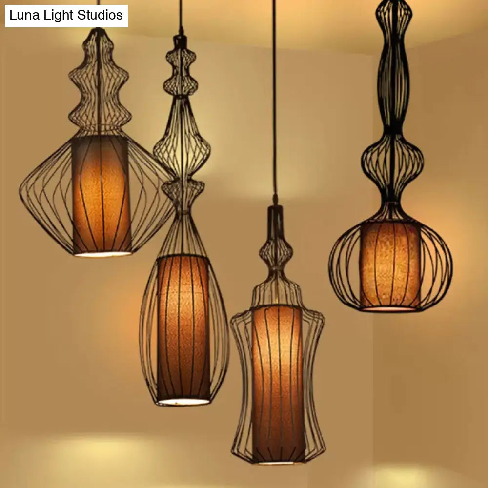 Retro Gourd Shaped Iron Pendant Light With Fabric Shade - Black 1 Bulb Stylish Ceiling Hanging