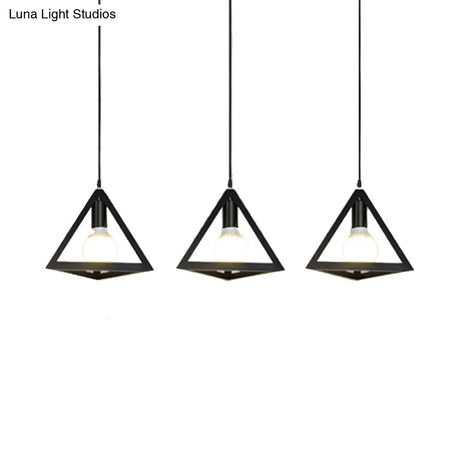 Retro Industrial Hanging Lamp With 3 Triangle Metallic Heads And Wire Guard In Black/White