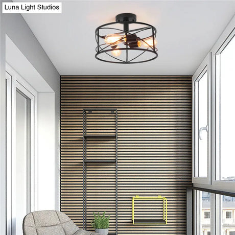 Retro Industrial Metal Flush Mount Ceiling Light For Living Room - Trellis Cage Design