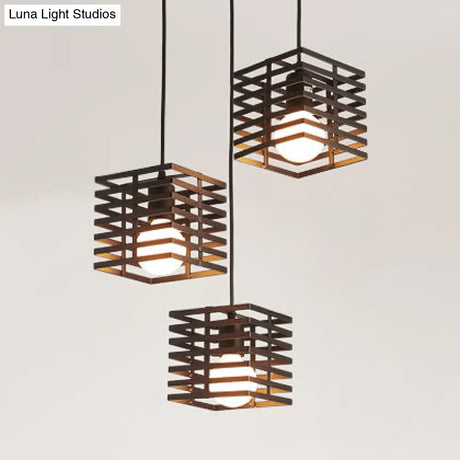 Retro Industrial Metal Pendant Lighting - 3-Light Cubic Hanging Lamp With Cage Shade Black/White