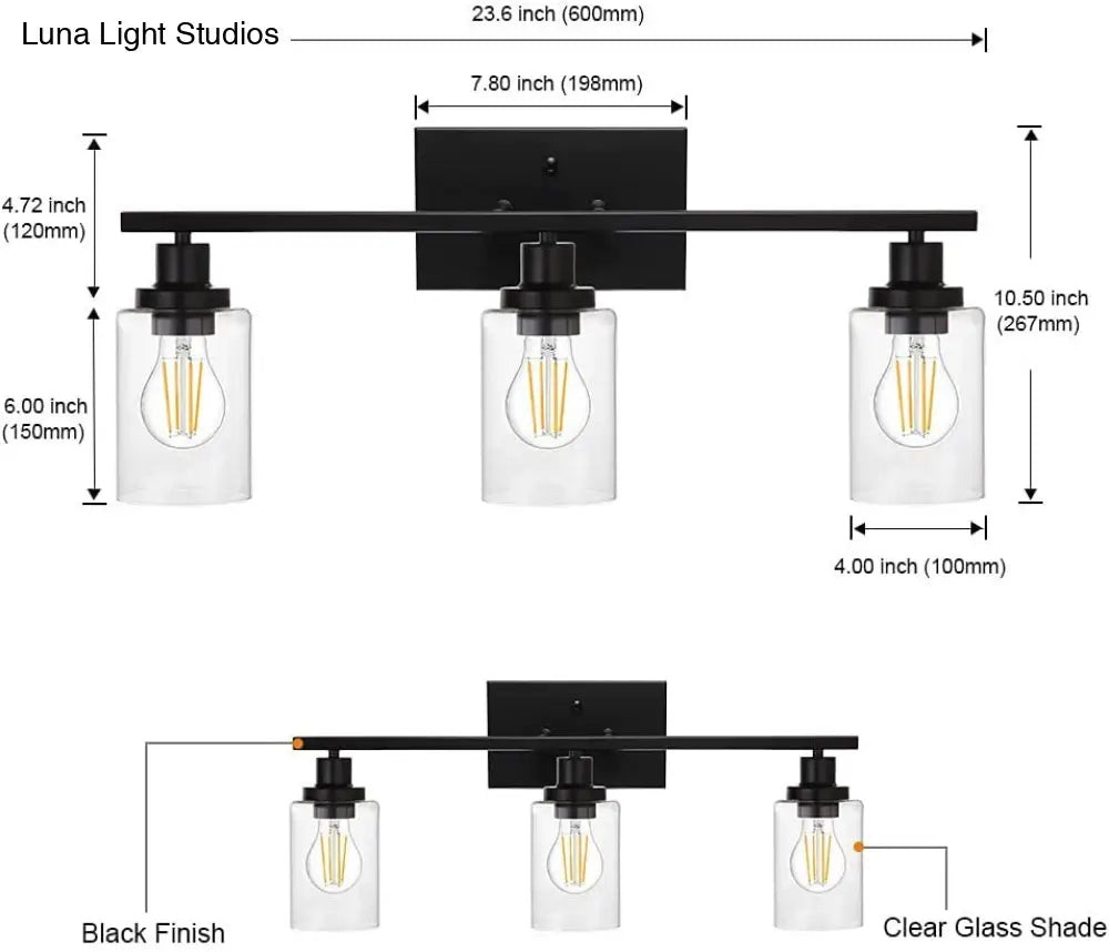 Retro Industrial Style Glass 3-Light Cylinder Vanity Wall Light Fixtures