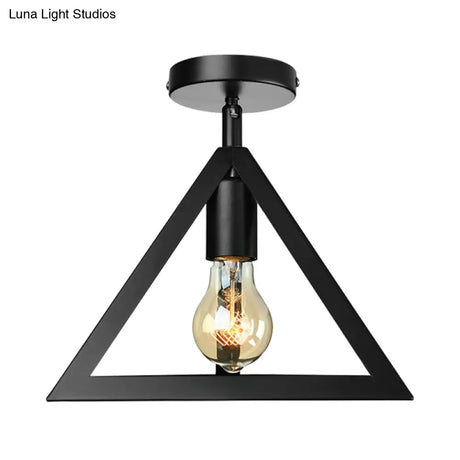 Retro Industrial Wire Cage Ceiling Light With Triangle Shade - 1 Head Metal Lamp In Black/Grey/White