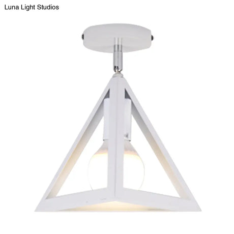 Retro Industrial Wire Cage Ceiling Light With Triangle Shade - 1 Head Metal Lamp In Black/Grey/White