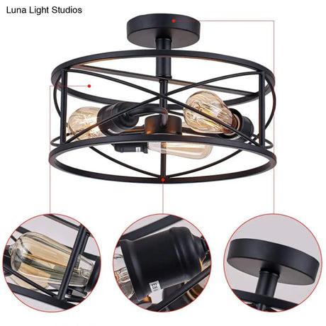 Retro Industrial Wrought Iron Ceiling Light With Black Frame