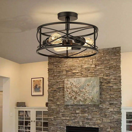 Retro Industrial Wrought Iron Ceiling Light With Black Frame / Drum