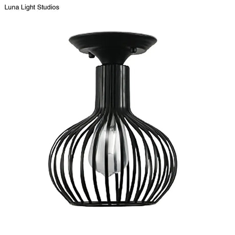 Retro Loft Globe/Pear Cage Ceiling Fixture - Metallic Semi-Flush Mount Light In Black For Hallway