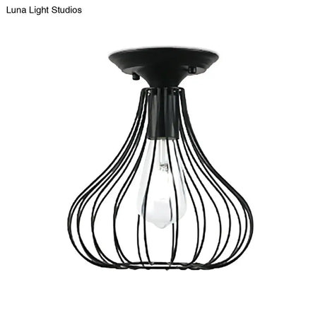 Retro Loft Globe/Pear Cage Ceiling Fixture - Metallic Semi-Flush Mount Light In Black For Hallway