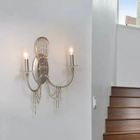 Retro Metal Candelabra Wall Mount Light With Crystal Accent - 2 Lights Nickel