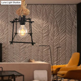 Retro Metal Trapezoid Cage Ceiling Light Black Pendant Lamp With Adjustable Rope – Ideal For