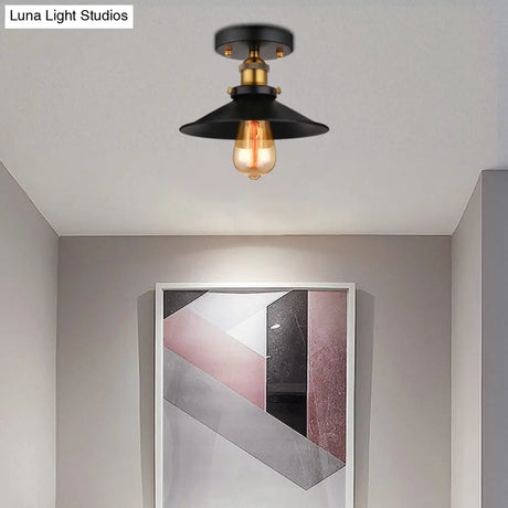 Retro Metallic Semi Flush Mount Ceiling Light - Black/Rust Cone Shade 1 Head Close To Lighting For