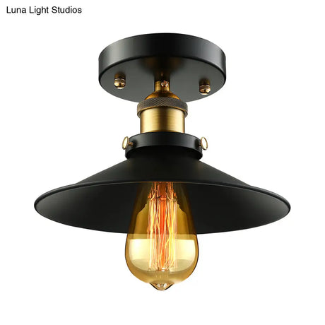 Retro Metallic Semi Flush Mount Ceiling Light - Black/Rust Cone Shade 1 Head Close To Lighting For