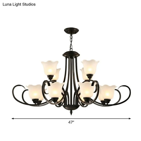 Retro Opal Frosted Glass Flower Chandelier In Black Finish: Elegant Hanging Light For Living Room
