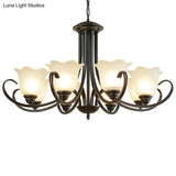 Retro Opal Frosted Glass Flower Chandelier In Black Finish: Elegant Hanging Light For Living Room