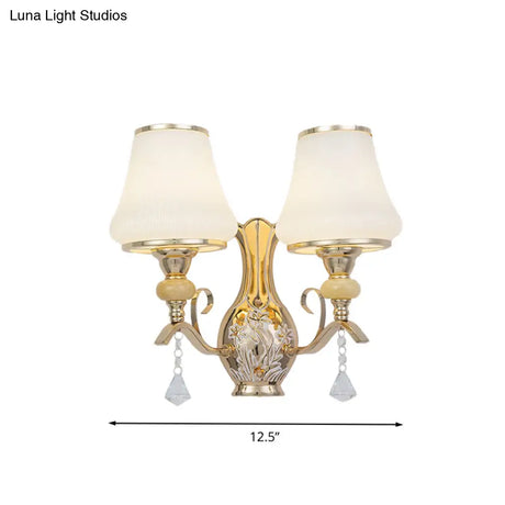 Retro Opal Glass Wall Sconce With Crystal Draping - 2 Heads For Living Room