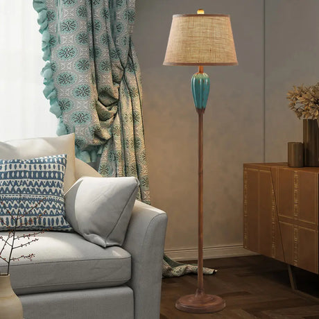 Retro Porcelain Urn Shape Floor Lamp With Fabric Shade - Red/Blue Blue