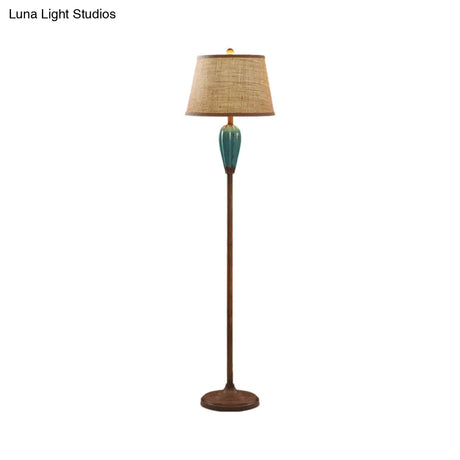 Retro Porcelain Urn Shape Floor Lamp With Fabric Shade - Red/Blue