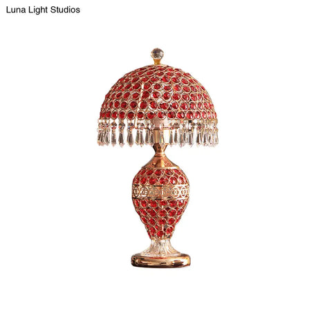 Retro Red Crystal Night Lamp With Gold Dome Lampshade: Table Light Droplet