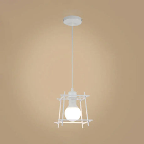 Retro Square Cage Pendant Light - Metal Ceiling Lamp For Bedroom (Black/White) White