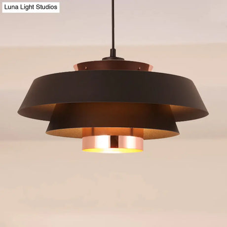 Retro Style 1-Light Metal 3-Tier Black Drum Shade Ceiling Fixture - Ideal For Restaurants