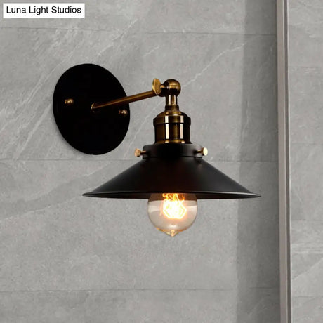 Retro Style Black Cone Wall Lamp - Adjustable Angle 1-Bulb Dining Room Sconce With Plug-In Cord