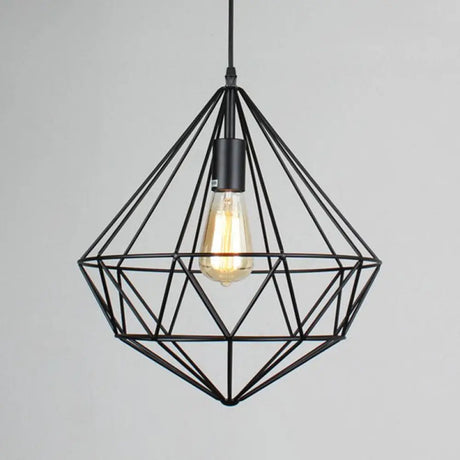 Retro Style Black Iron Gemstone Frame Pendant Ceiling Light For Restaurants - 1 Head Suspension