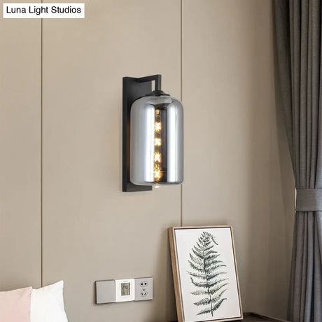 Retro Style Black Mason Jar Wall Sconce - Closed Glass Light With Arm