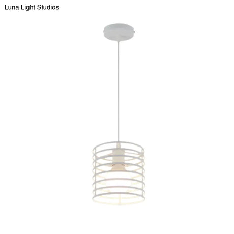 Retro Style Black/White Cylinder Cage Pendant Ceiling Lamp - Adjustable Height Indoor Metal Hanging