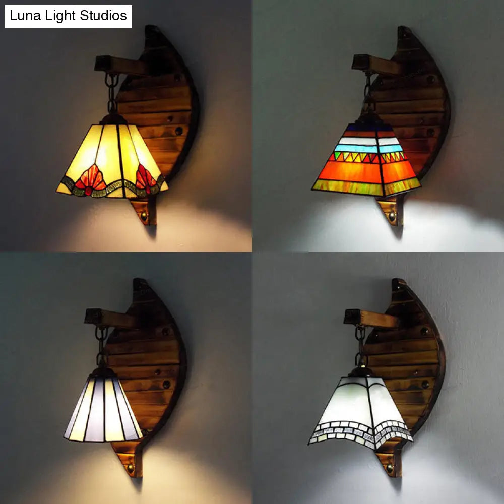 Retro Style Cone Wall Sconce Lamp With Colorful Stained Glass In White/Light Blue/Orange-Red/Yellow