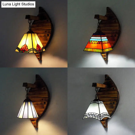 Retro Style Cone Wall Sconce Lamp With Colorful Stained Glass In White/Light Blue/Orange-Red/Yellow