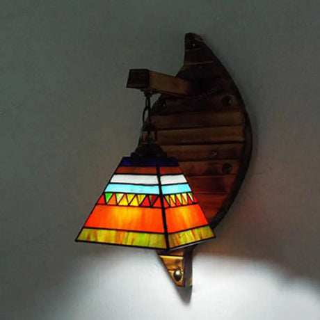 Retro Style Cone Wall Sconce Lamp With Colorful Stained Glass In White/Light Blue/Orange-Red/Yellow