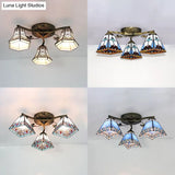 Retro Style Geometric Stained Glass Ceiling Light Fixture - 3 Lights With Wire Mesh And Elegant