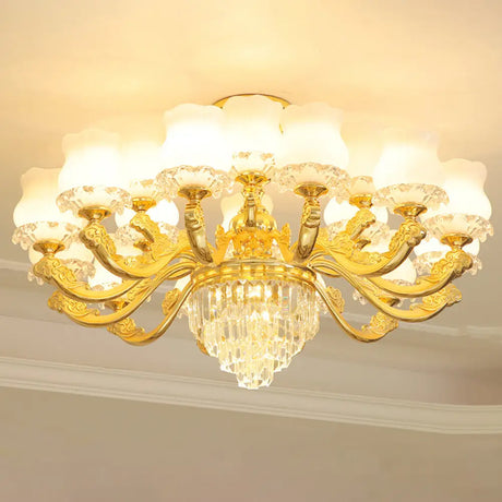 Retro Style Gold Chandelier With Cream Glass & Layered Crystal Accents - Bud Suspension Light 18 /