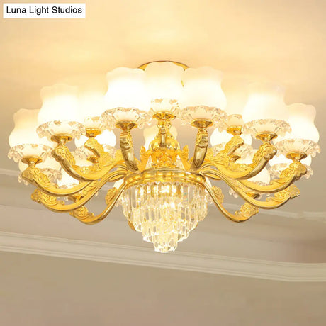 Retro Style Gold Chandelier With Cream Glass & Layered Crystal Accents - Bud Suspension Light
