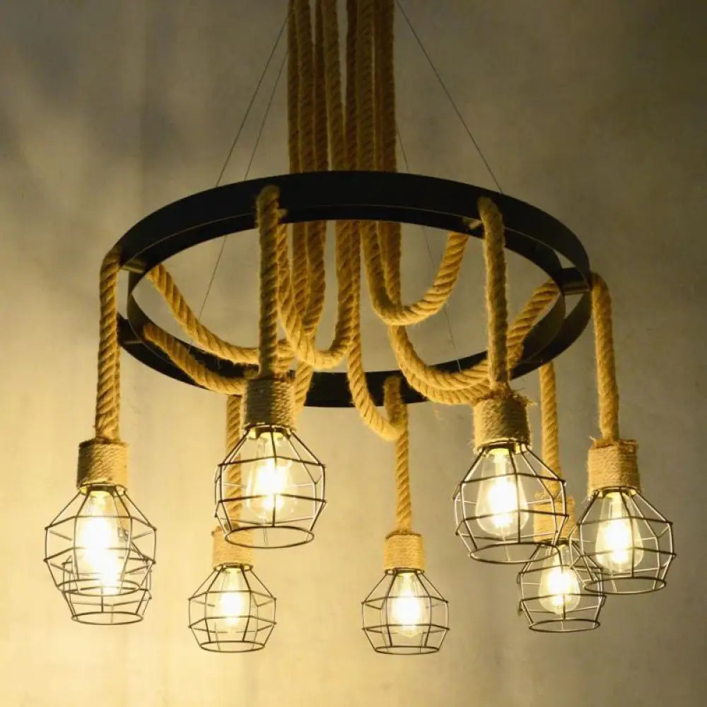 Retro-Style Grenade Ceiling Light With Black Hemp Rope For Restaurants 8 /