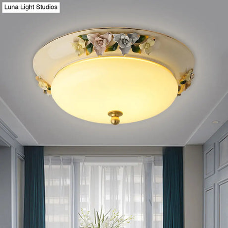 Retro Style Led Ceiling Fixture: 12’/14’ Wide Bowl Shape Milky Glass Flush Mount With Blossom