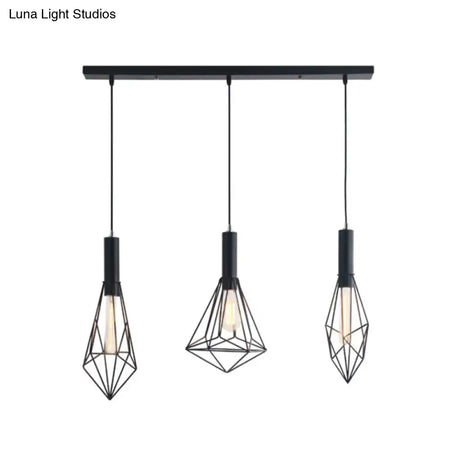 Retro Style Polygon Ceiling Light With Cage Shade - 3 Lights Black Metallic