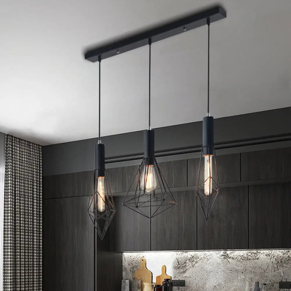 Retro Style Polygon Ceiling Light With Cage Shade - 3 Lights Black Metallic