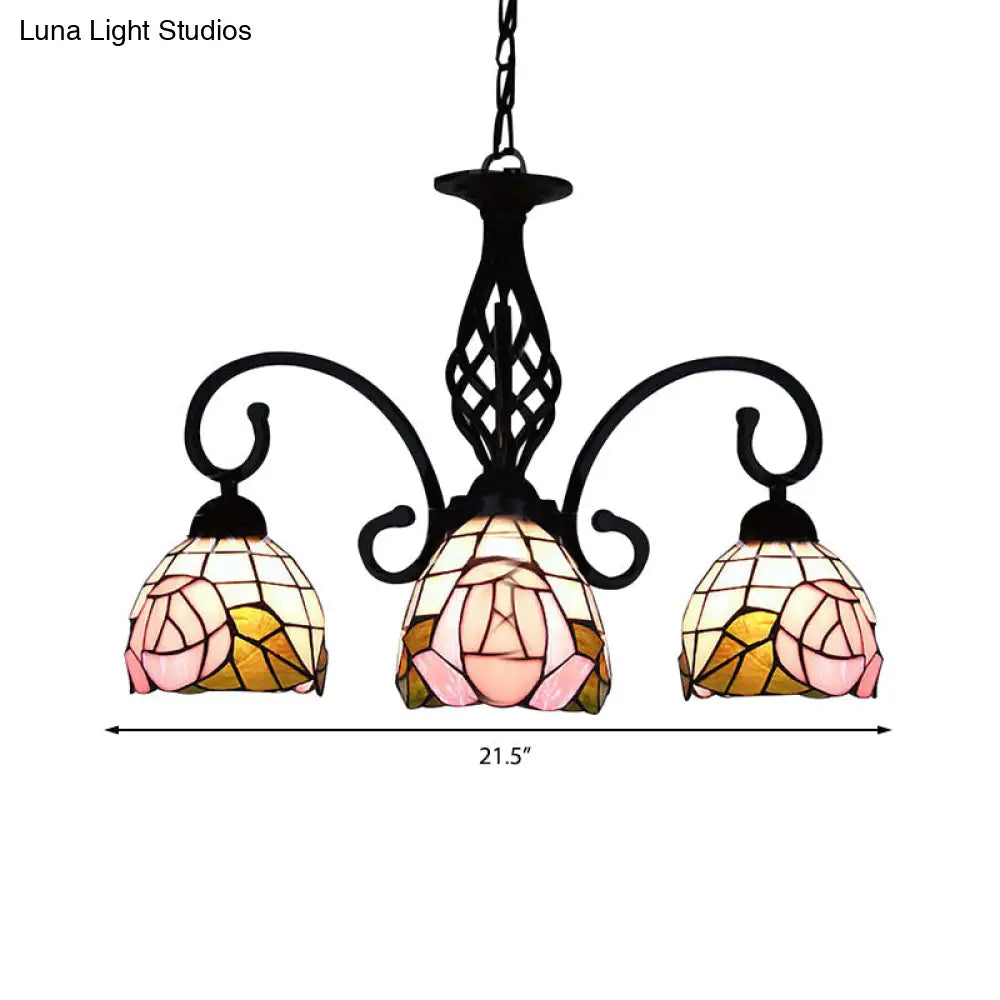 Retro Style Stained Glass Floral Chandelier - 3-Light Domed Fixture In Pink