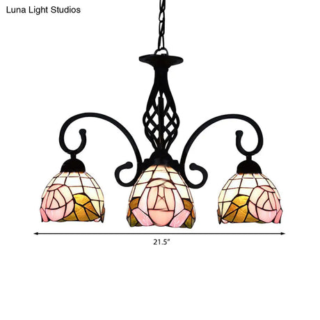 Retro Style Stained Glass Floral Chandelier - 3-Light Domed Fixture In Pink