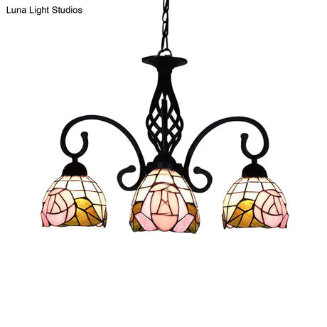 Retro Style Stained Glass Floral Chandelier - 3-Light Domed Fixture In Pink