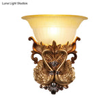Retro Style Wall Mounted Lamp - Swans Design With Ribbed Glass Shade In Gold
