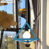 Retro Stylish Metal Hanging Lamp With Triangle Cage Shade - Red/Blue Pendant Lighting Fixture For