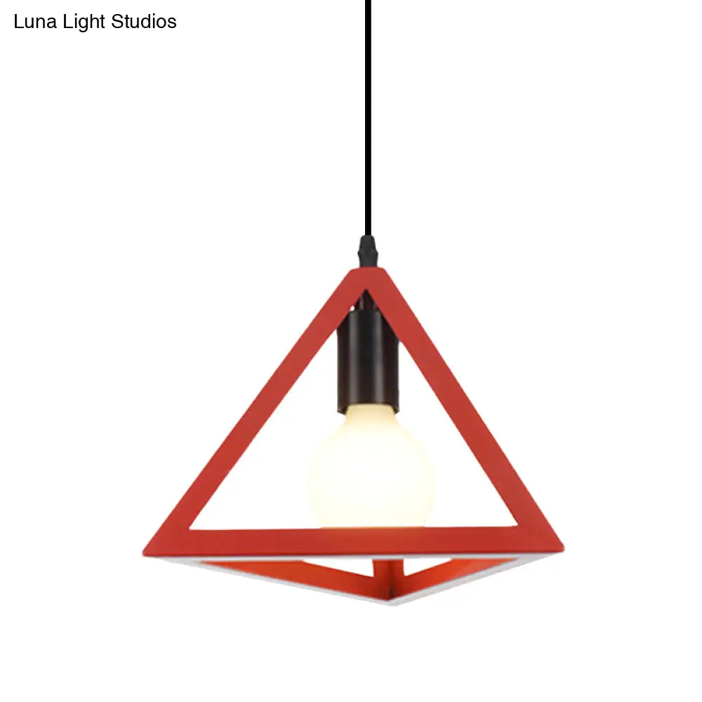 Retro Stylish Metal Hanging Lamp With Triangle Cage Shade - Red/Blue Pendant Lighting Fixture For
