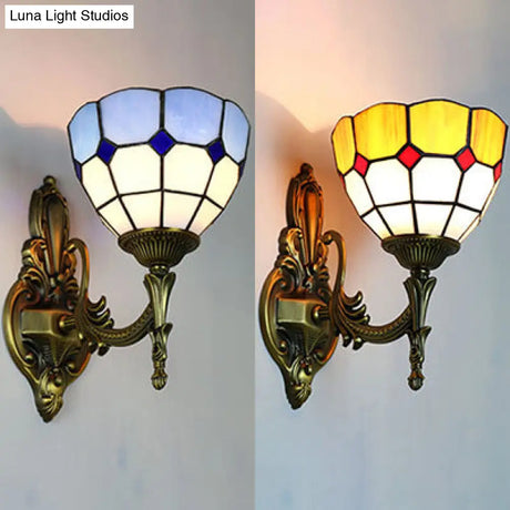 Retro Tiffany Stained Glass Wall Sconce With 1 Light -Yellow/Blue For Corridor