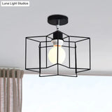 Retro Vintage Metal Cylinder/Drum Cage Semi-Flush Ceiling Light - Black Semi Flush Fixture With