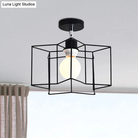 Retro Vintage Metal Cylinder/Drum Cage Semi-Flush Ceiling Light - Black Semi Flush Fixture With