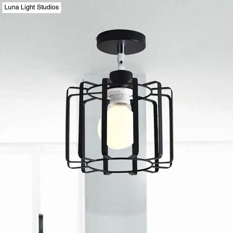Retro Vintage Metal Cylinder/Drum Cage Semi-Flush Ceiling Light - Black Semi Flush Fixture With